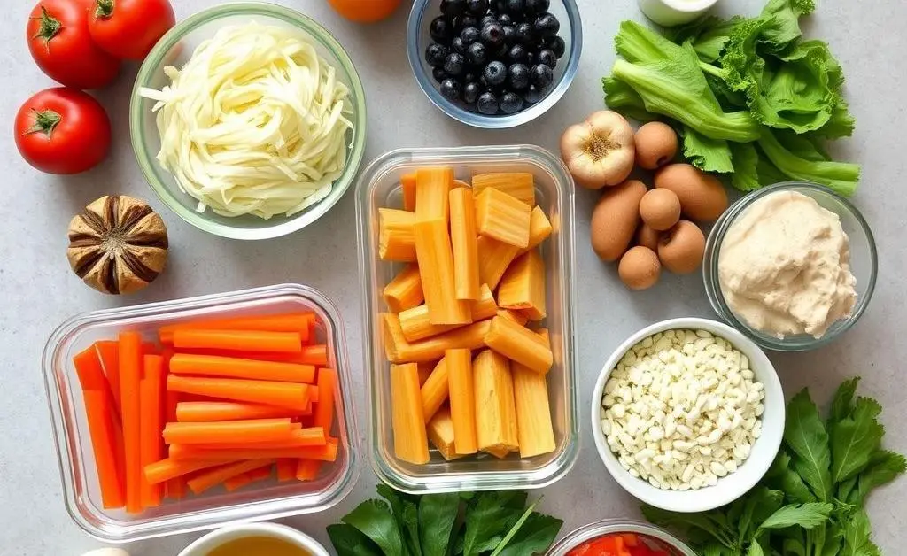 An attractive, organized spread of fresh ingredients for meal prep
