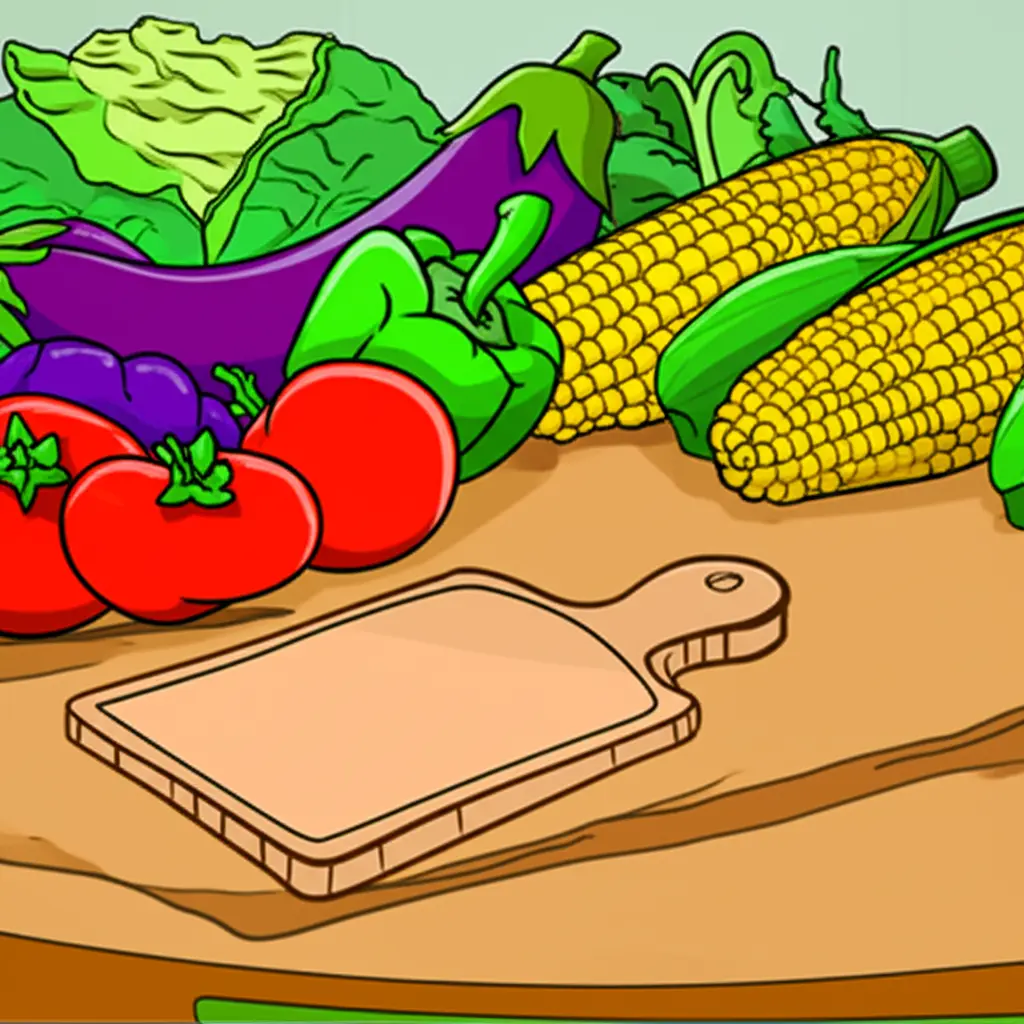 Fresh vegetables and a cutting board for meal prep