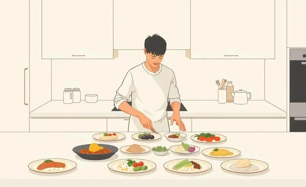 Person preparing multiple meals at a kitchen counter