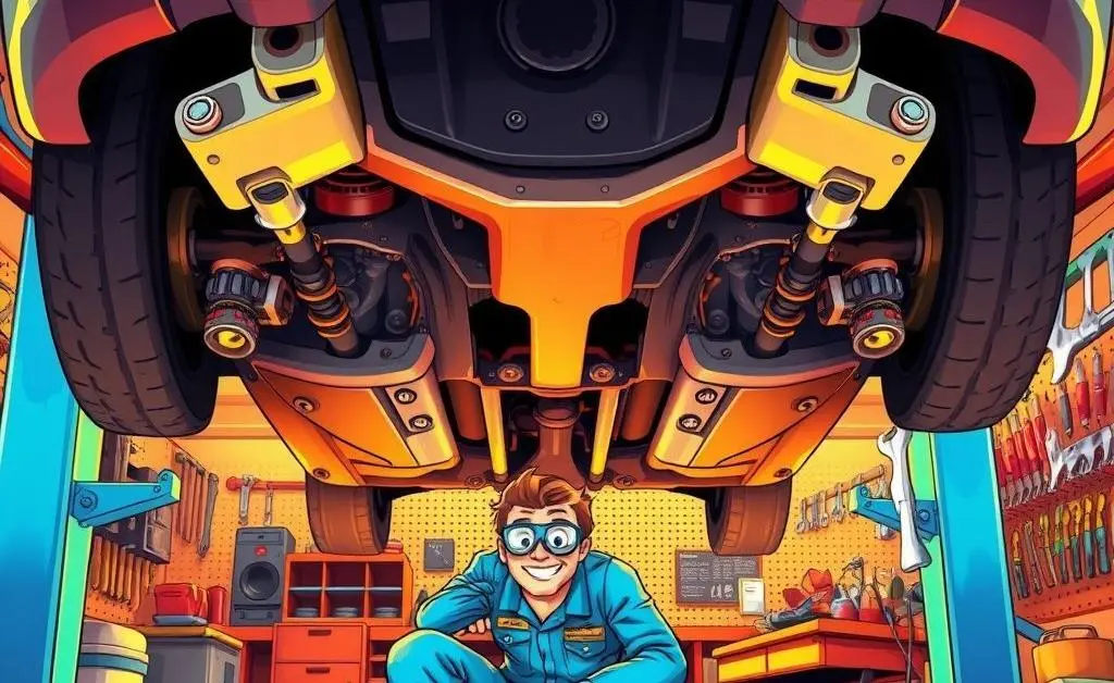 A cartoon-style image of a mechanic checking a used car's undercarriage and joints in a workshop.