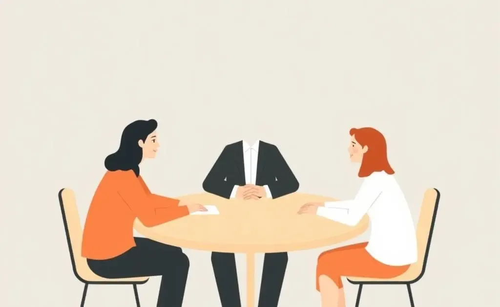 A mediator sitting with two neighbors at a round table, guiding a peaceful discussion.