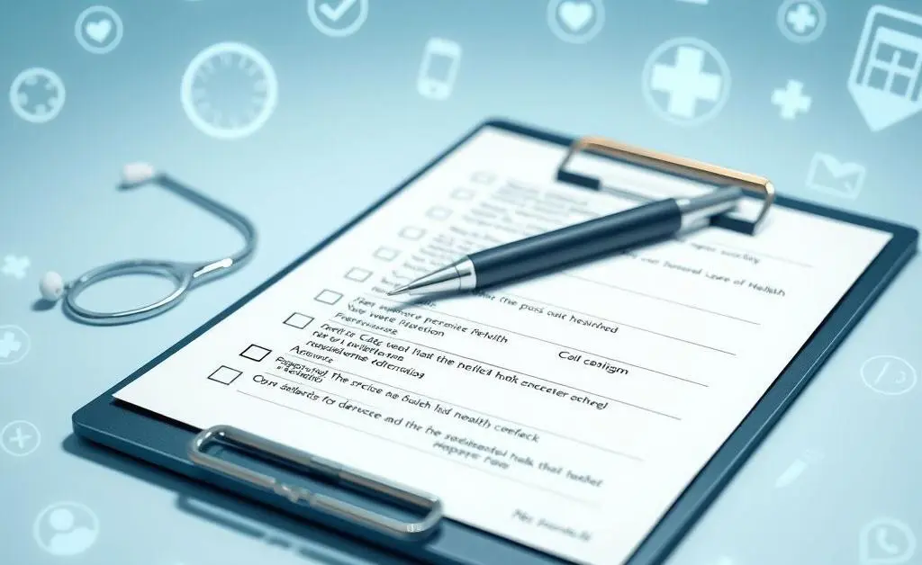 A checklist with a pen and medical symbols around it.
