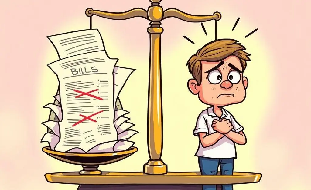 Scale balancing medical bills and a worried patient.