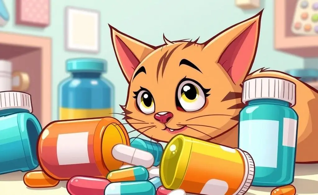 Cartoon of pill bottles with a curious cat, highlighting medication dangers.