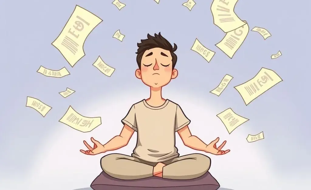A cartoon of a person meditating with floating medical bills around them.