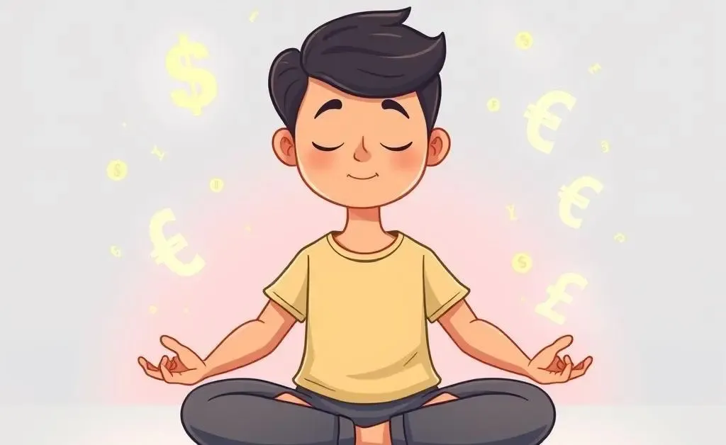 A person meditating with financial symbols around.