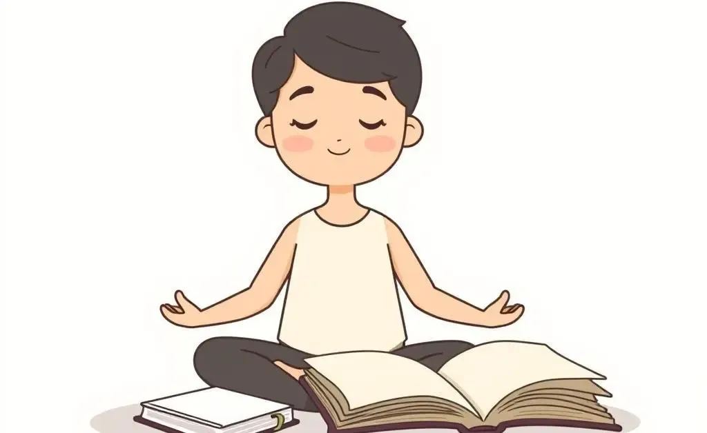 A person meditating next to a notebook