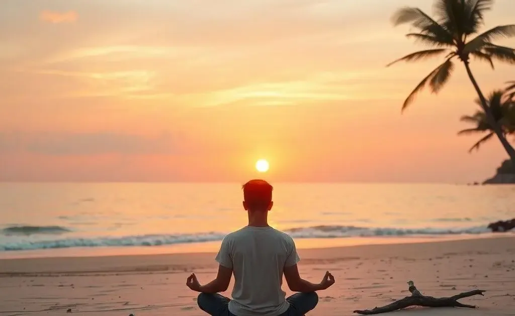 A person meditating at sunset on a quiet beach