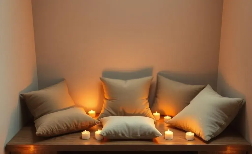 A peaceful meditation corner with soft cushions and candles