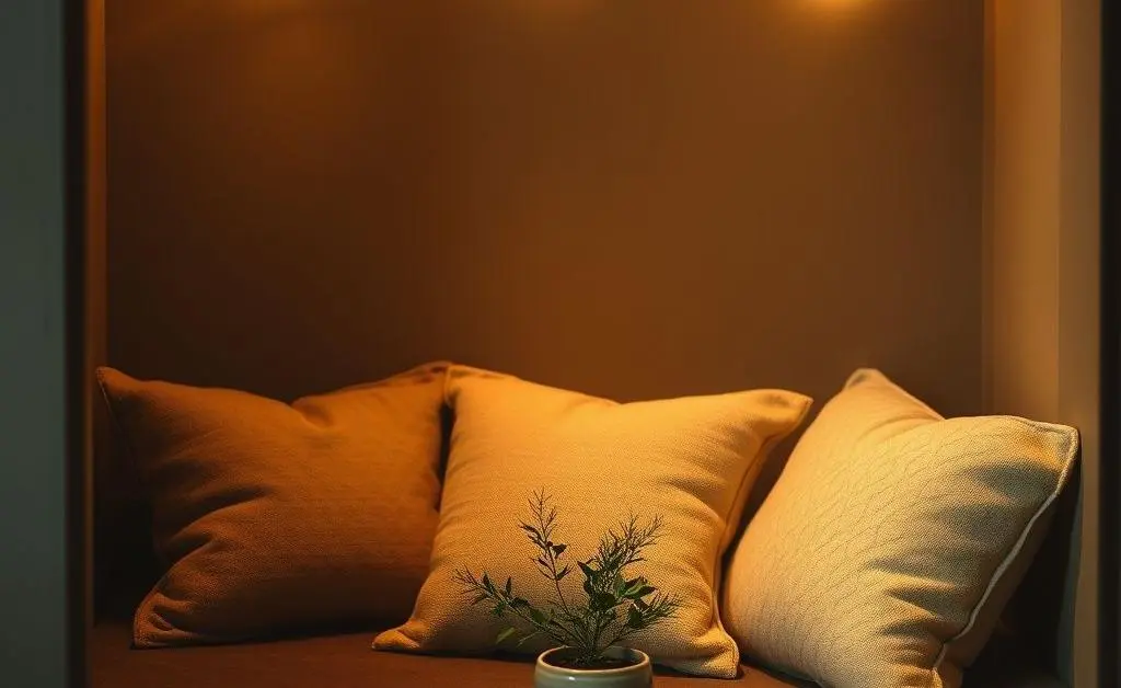 A cozy corner with cushions, soft lighting, and a small plant.
