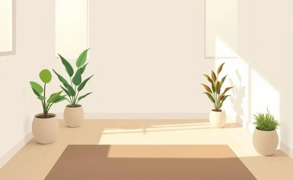 A minimalist illustration of a serene meditation corner with a yoga mat and plants.