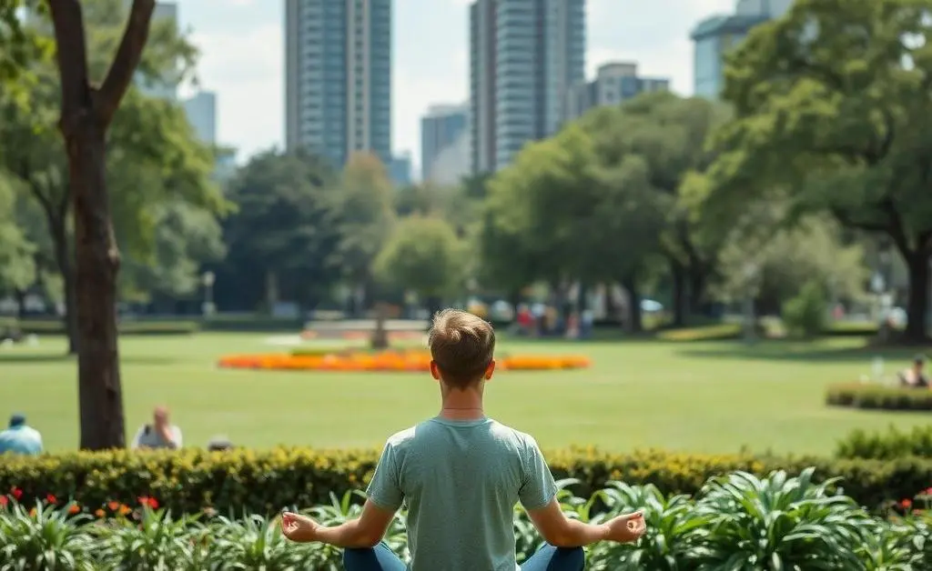 A person meditating in a serene city park.
