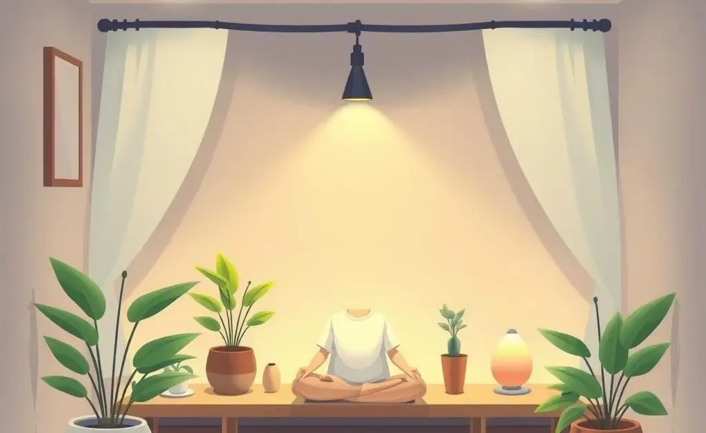 A peaceful cartoon meditation corner with soft lighting and plants