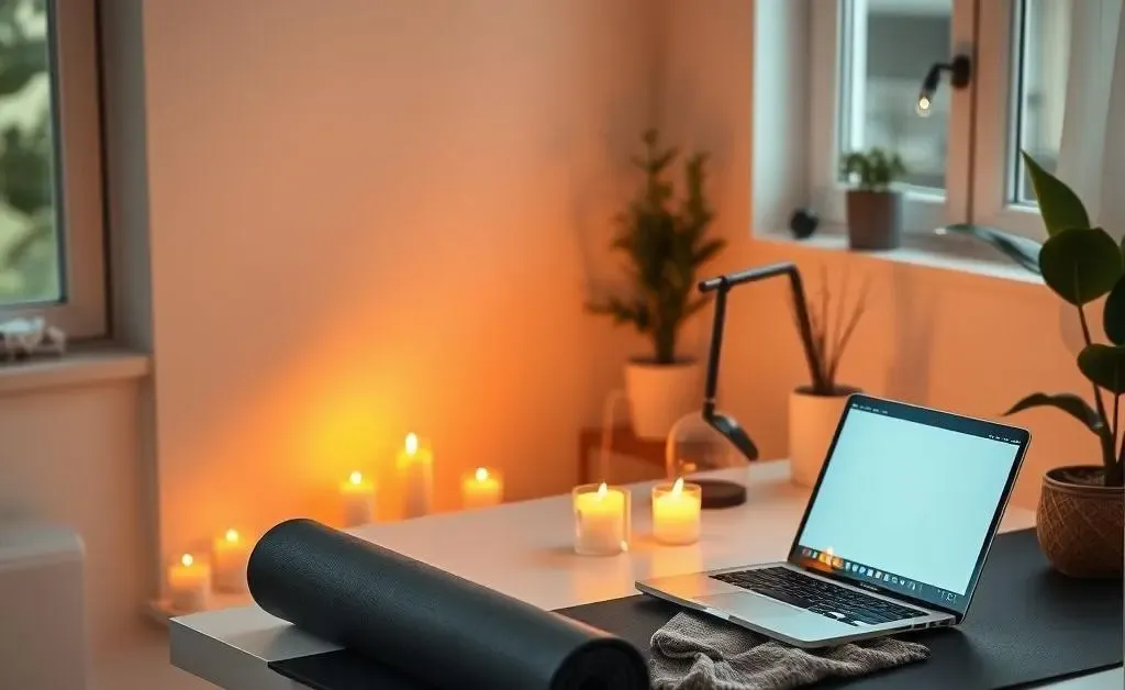 Serene workspace with candles and a yoga mat