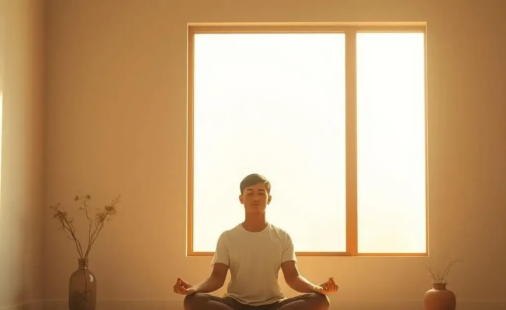 A calm person meditating in a peaceful room with natural light coming through a window