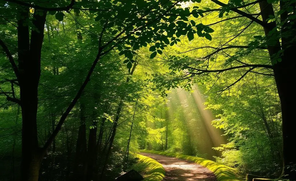 A peaceful forest path with sunlight filtering through the trees, suggesting tranquility and reflection.