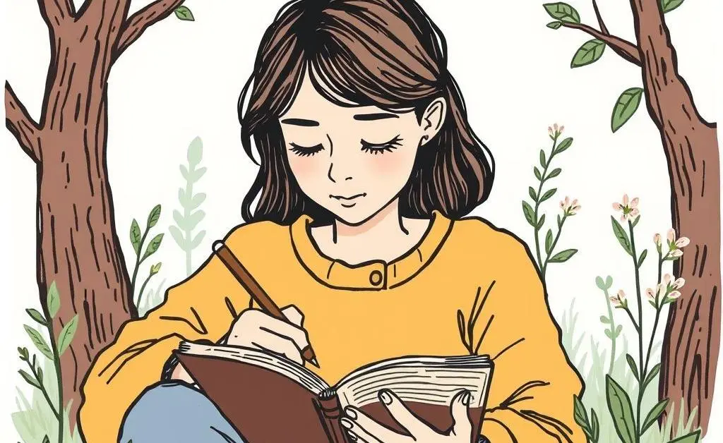 Someone writing in a journal with a thoughtful expression, surrounded by nature