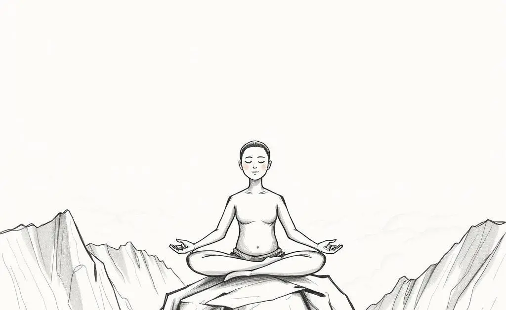 A person meditating on a mountaintop, with a serene expression