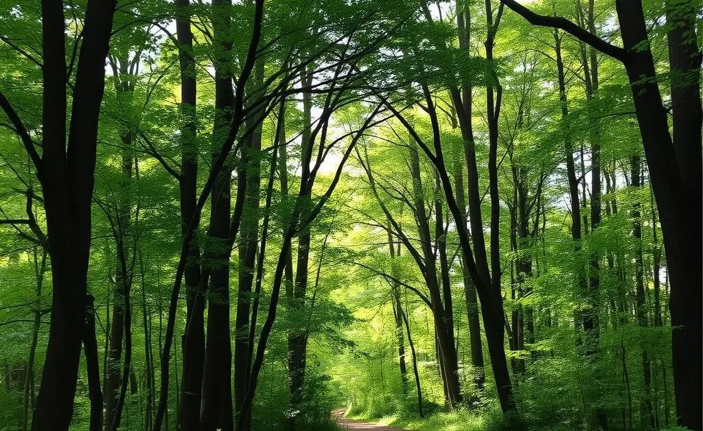 A peaceful path in a forest, light filtering through the canopy, inviting contemplation and calm.