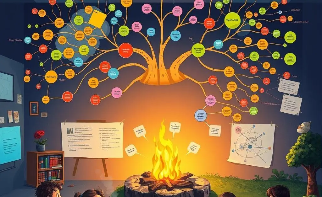Illustration of mnemonic memory techniques, such as mind maps and storytelling.