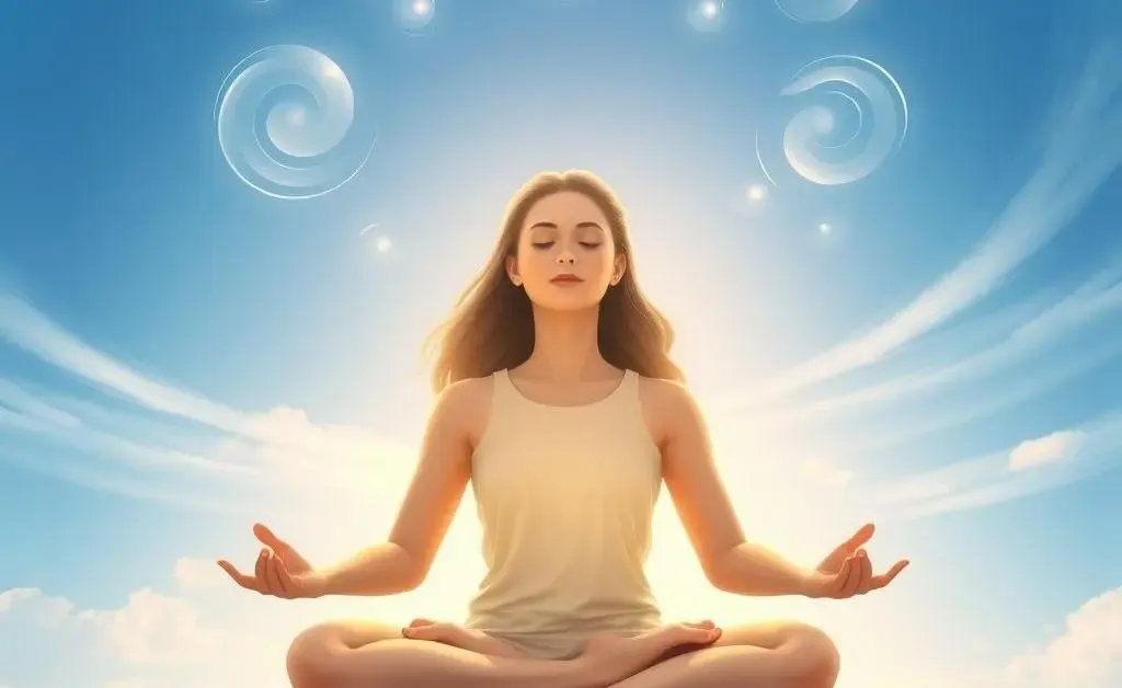 An illustration of a person meditating with thought bubbles turning into clear blue skies