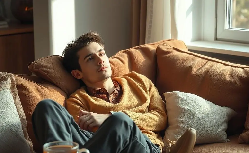 A thoughtful individual sitting on a comfortable couch, thinking deeply with a cup of tea nearby.