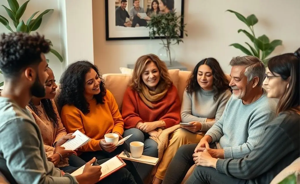 A diverse group of people in a relaxed setting, discussing and supporting each other's mental health journeys.