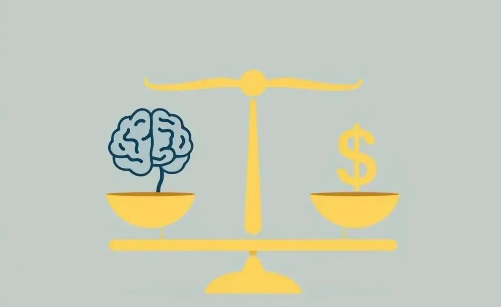 Balance scale with brain and dollar depicting wise financial decision making