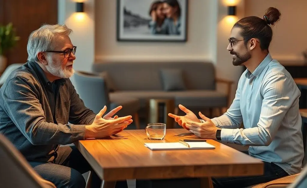 A mentor and mentee having a discussion over a coffee table
