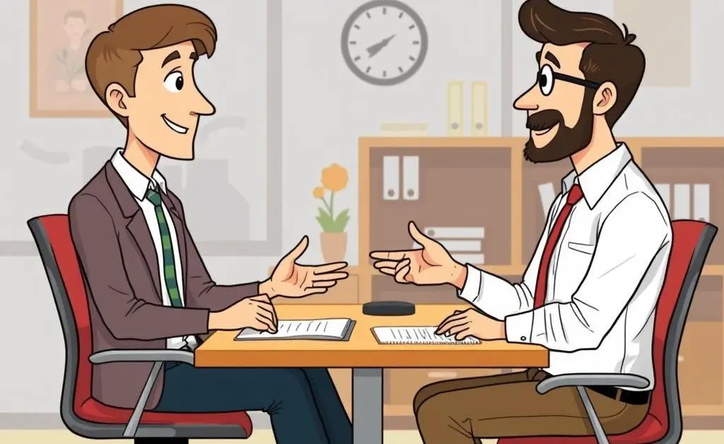 Cartoon-style image of a mentor and a mentee having a discussion in an office.