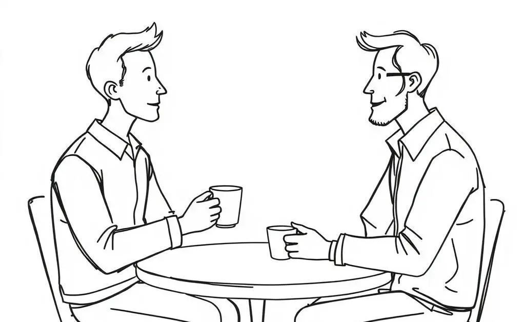 Two individuals in a mentoring discussion over coffee