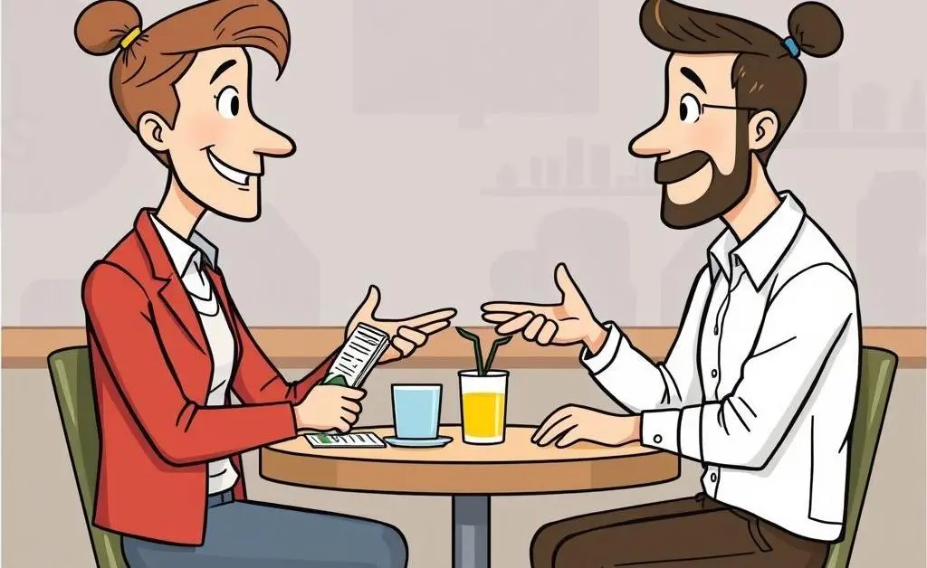 Cartoon-style illustration of two people conversing, one giving financial advice at a cafe.