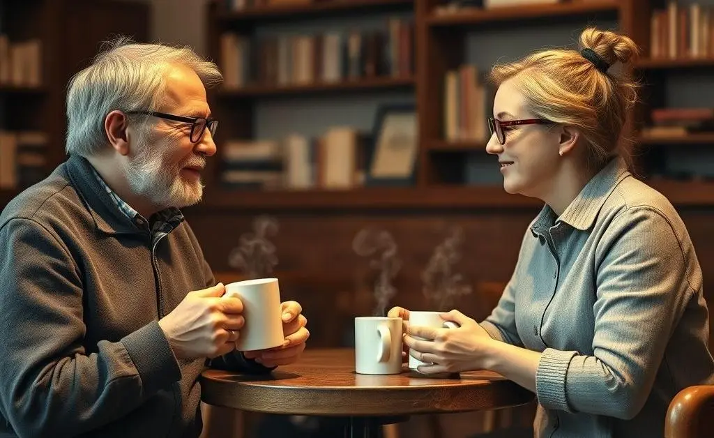A mentor and mentee sharing a cup of coffee and discussing career paths in a cozy setting.
