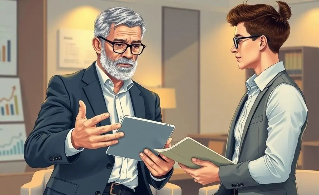 Illustration of a mentorship session, showing an experienced financial professional guiding a young mentee.