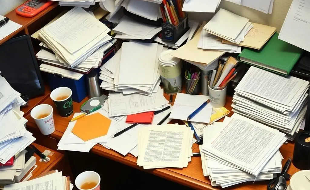 A cluttered desk with papers, cups, and office supplies strewn about
