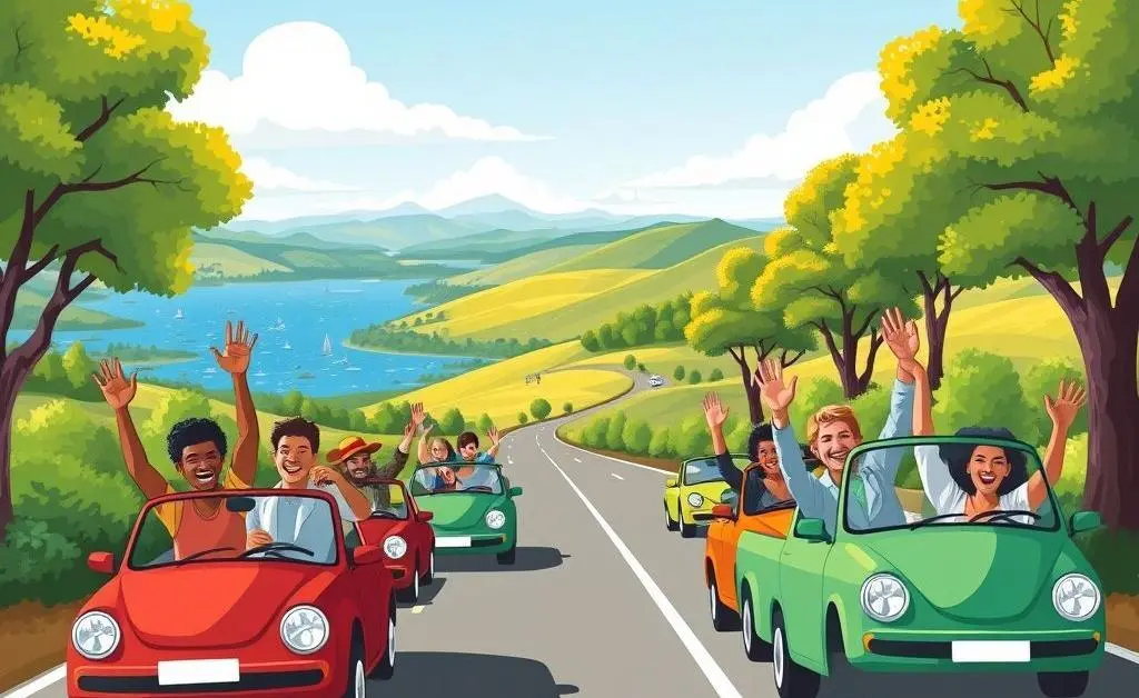 Illustration of happy Michigan drivers on a scenic road