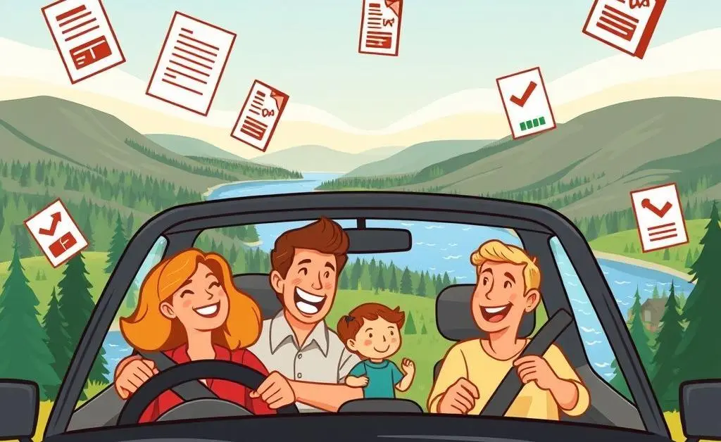 Cartoon image of a family in a car driving through Michigan with icons of insurance documents and landscapes.