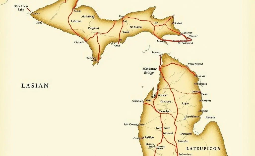 Hand-drawn Michigan map with routes.