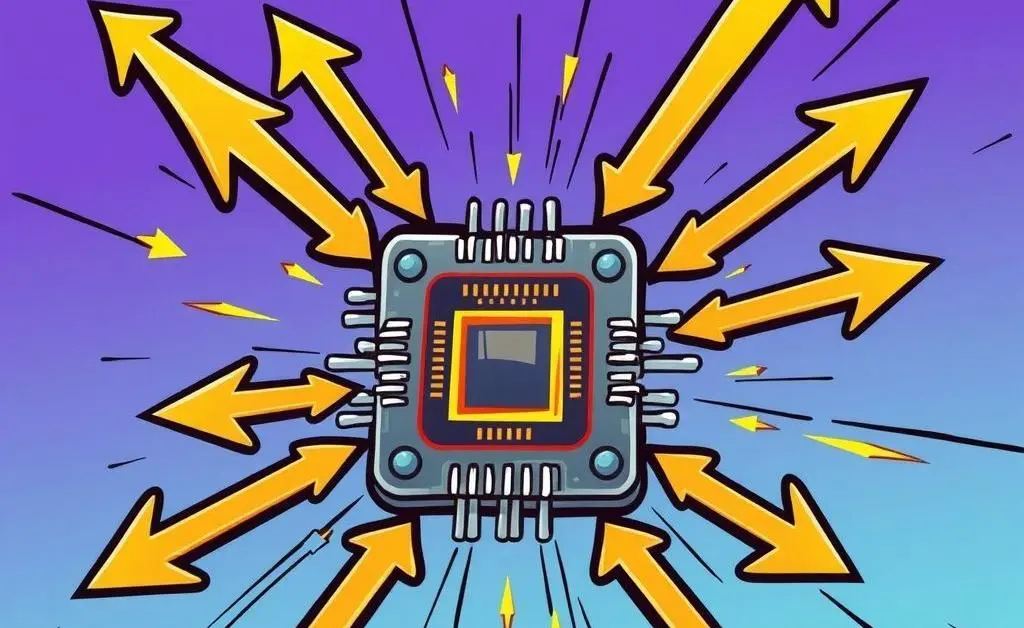 Illustration of microchip surrounded by arrows indicating growth.