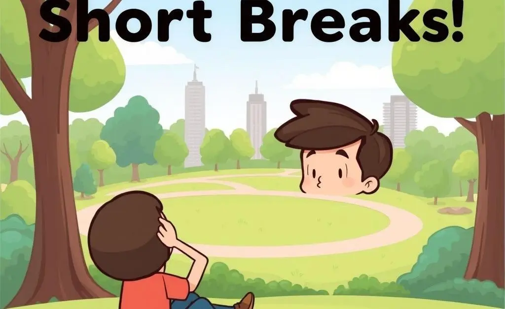 A cartoon character taking a mindful break with a scenic park view, illustrating the power of short breaks.