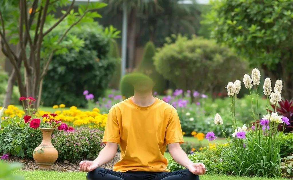 A peaceful scene of someone meditating in a garden, taking a break from studying.