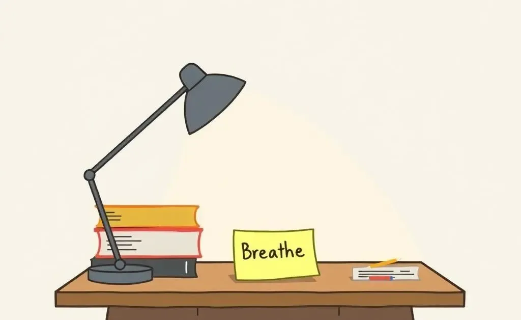Desk with a reminder to breathe and stay calm