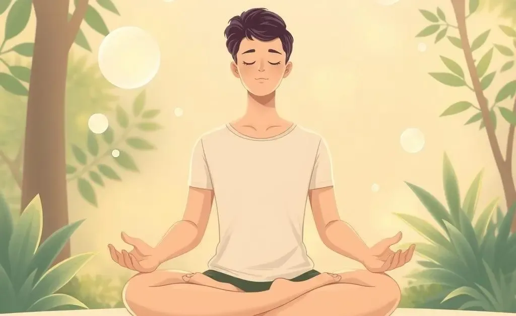 Illustration of a person practicing mindful breathing with floating thoughts.