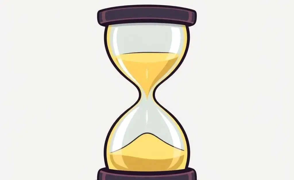 A cartoon-style hourglass with sand flowing steadily, signifying time and patience
