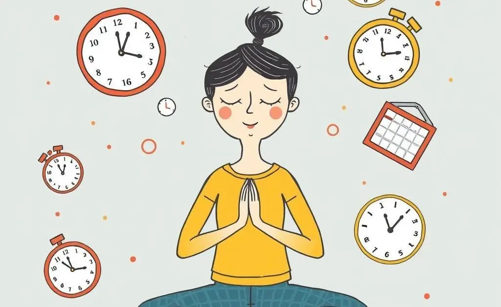 A whimsical hand-drawn image of a person practicing mindful breathing surrounded by floating clocks and calendars.