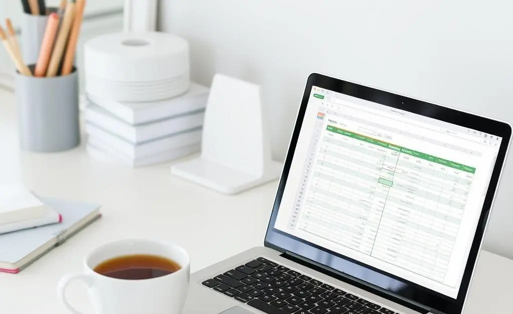Desk with a laptop ready for budgeting and a cup of tea.