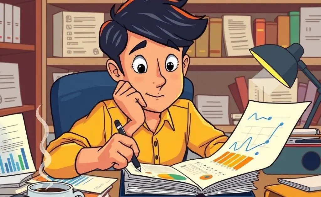 A cartoon of a person planning a budget at a desk with charts and a coffee cup.