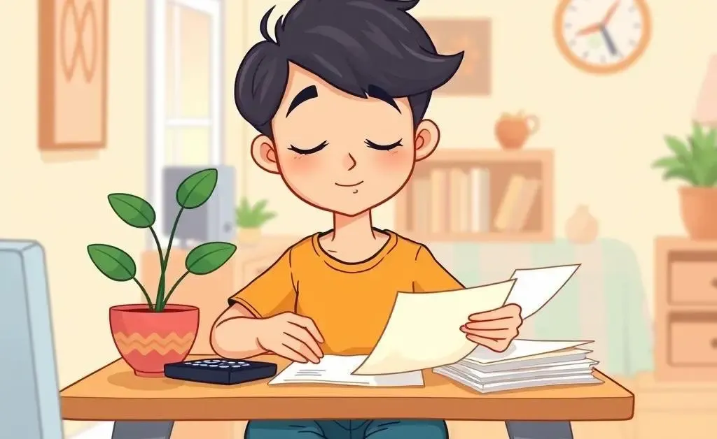 A person calmly working on their budget with a plant nearby