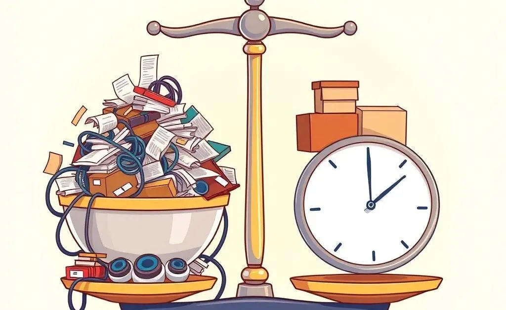 Balanced scales depicting clutter and minimalism