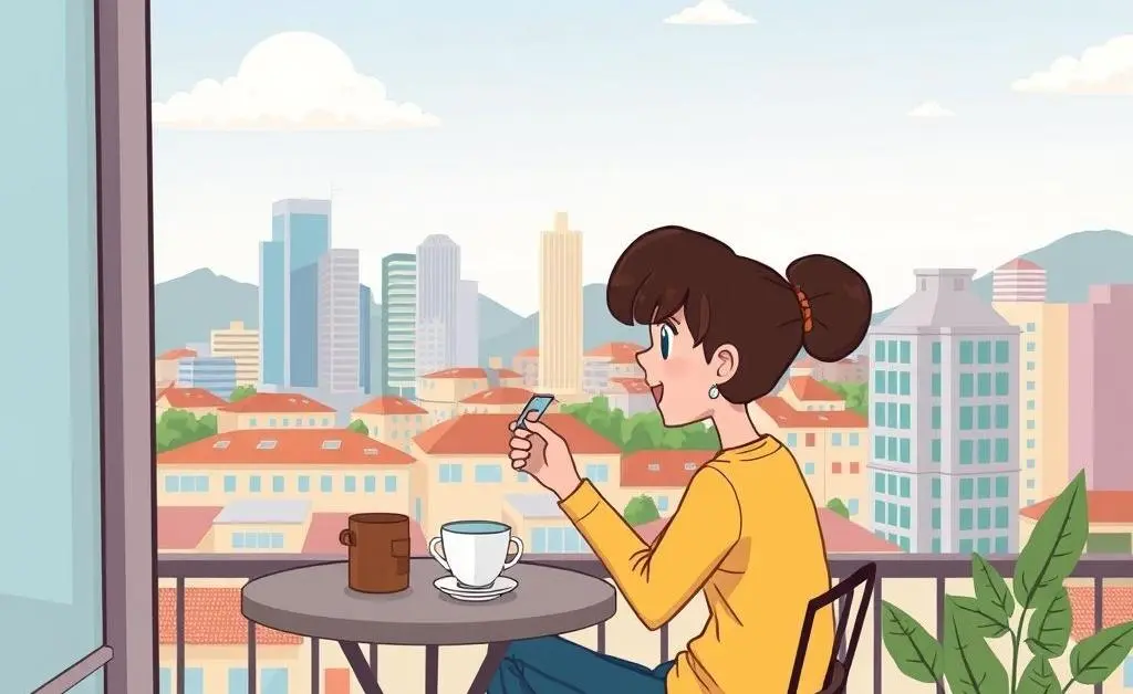 A cartoon-style image of a person enjoying a quiet coffee break on a balcony
